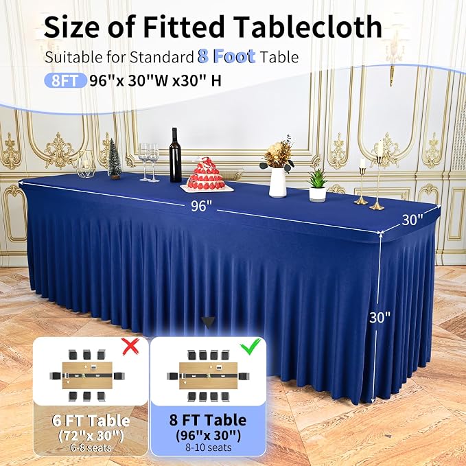 2 Packs Navy Blue Spandex Table Clothes for 8 Ft Tables - Image 2