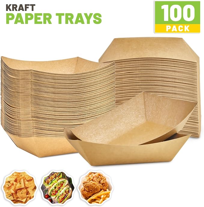 ZORRITA 100 Pack 3 Lb Paper Food Trays | Disposable, Kraft Paper, Nacho Trays, Food Boats, Taco Holders, Party Serving Baskets, For Hot Dogs Snacks Tacos Fries - Image 3