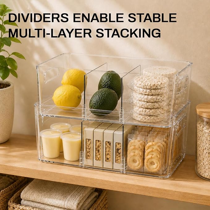 Mpotmiy 6-Pack Pantry Organizers and Storage, Clear Fridge Organizer Bins | Clear stackable plastic bins with removable dividers for packets, snacks, pouches and spices in pantry, fridge or freezer. - Image 5