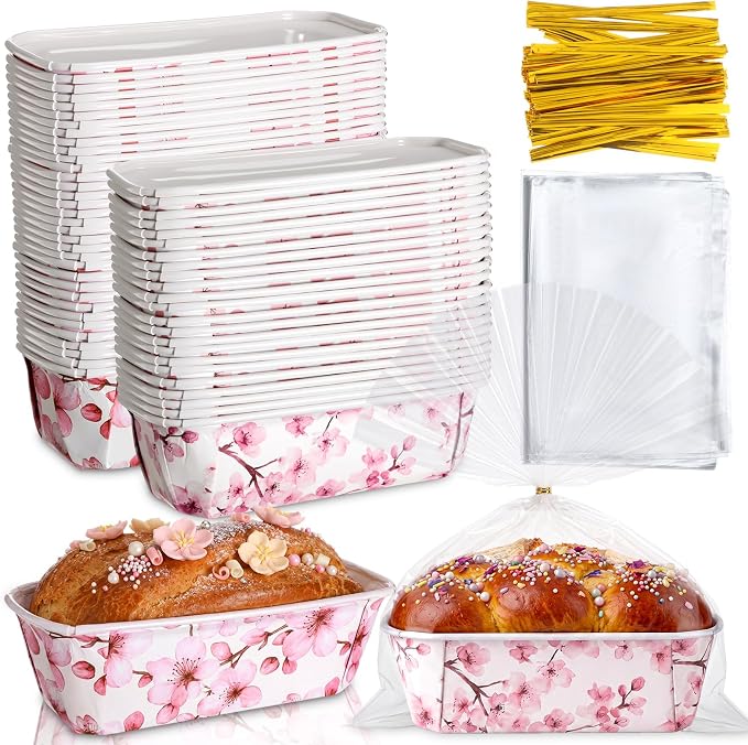 Hushee 50 Sets Pink Blossom Paper Loaf Pans with Bags, 6.3x2.2x2.2" Disposable Mini Bread Baking Molds, Floral Cake Liners for Baby Shower Wedding Birthday Spring Gifts by Hushee