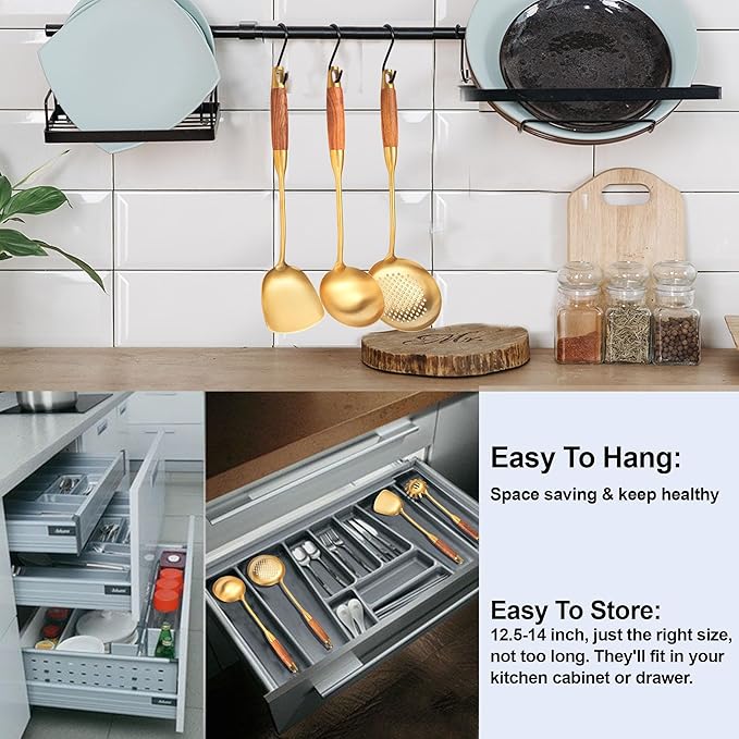 Gold Kitchen Utensils Set Stainless Steel 9 PCS with Wooden Handle | Food-grade 304, Sturdy, Wooden Handle, Anti scald, Work with large batches, Good weight, Well Balance, 13-14 Inch - Image 5