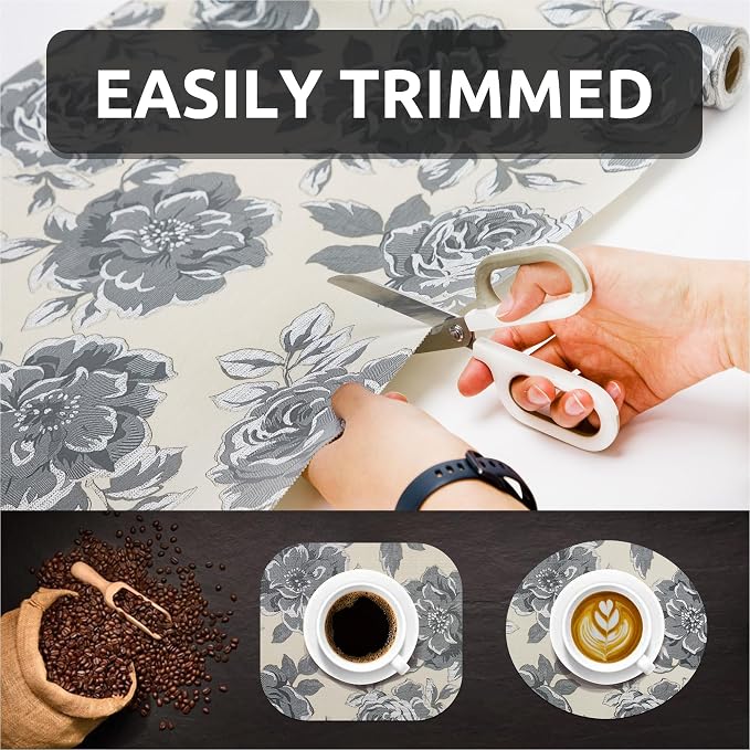 18X96 Inch Shelf Liner for Kitchen Cabinets, PVC Drawer Liner for Dresser Non-Slip Bathroom, Non-Adhesive Cabinet Liner Washable (Black Flower)(5 Roll) - Image 7