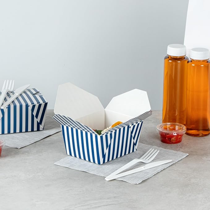 Restaurantware 30 oz Blue And White Stripe 1 Bio Box Container, 50 Ct - Image 8