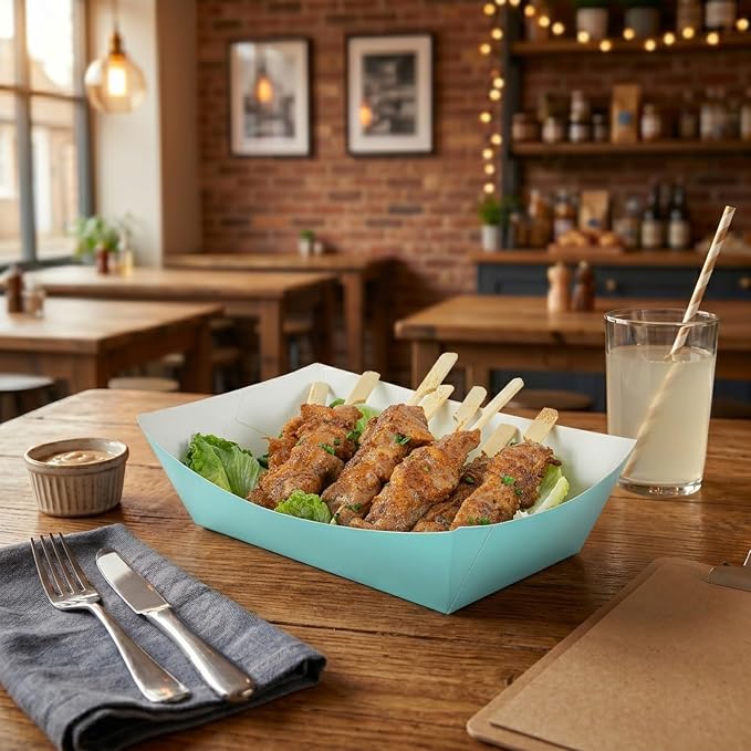 Restaurantware-Bio Tek 2 Pound Food Trays, 50 Disposable Paper Food Trays - Heavy-Duty, Greaseproof, Turquoise Paper Boats, For Snacks, Appetizers, Or Treats, Use At Parties Or Carnivals - Image 3
