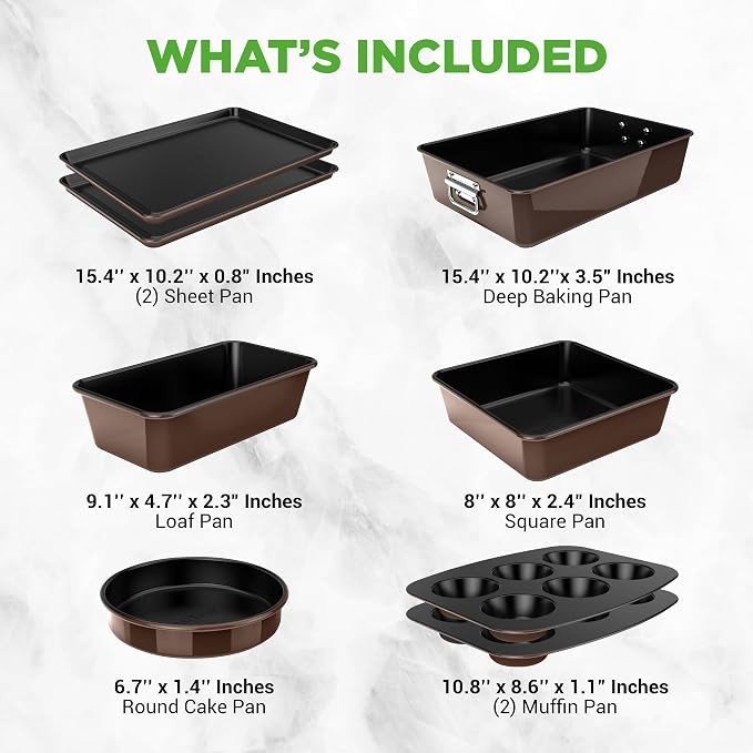 NutriChef 8-Piece Nonstick Stackable Bakeware Set - PFOA, PFOS, PTFE Free Baking Tray Set w/Non-Stick Coating, 450°F Oven Safe, Round Cake, Loaf, Muffin, Wide/Square Pans, Cookie Sheet (Brown) - Image 7