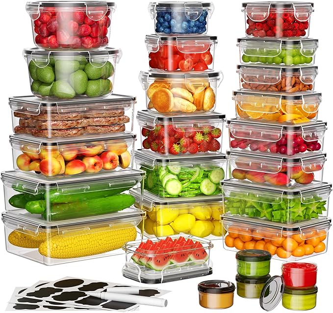 KEMETHY Large 52 Piece Food Storage Containers with Airtight Lids, BPA-free | 26 Containers & 26 Lids, Leak Proof, Meal Prep, Kitchen Storage, PVC-free Plastic, Microwave/Dishwasher Safe, Labels & Pen by KEMETHYFocusesonCreatingEfficientStorageProductswithQualityMaterials