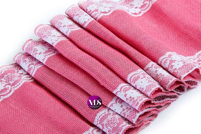 VDS Pack of 5, Burlap Table Runner with White Lace Edge, 100% Natural Jute Rustic Hessian Table Cloth Centerpiece for Wedding Birthday Party Banquet Table Decoration (Size 12X108 Inch)(Pink) - Image 2