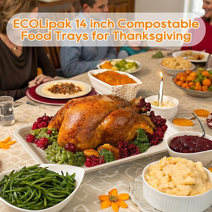 ECOLipak 100 Pack 14 in Compostable Natural Disposable Food Crawfish Trays | Large Paper Thanksgiving Plates for Turkey, BBQ, Seafood Boil Party Supplies, Heavy Duty, Biodegradable, Sugarcane Bagasse - Image 8