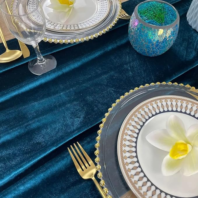 Luxurious Velvet Table Runner, 10ft Wedding Reception Decorations, 20x120inch Soft Velvet Fabric, Table Linen Overlay, Wedding Table Runners (Teal Blue, 20X120inch, 5pack) - Image 3
