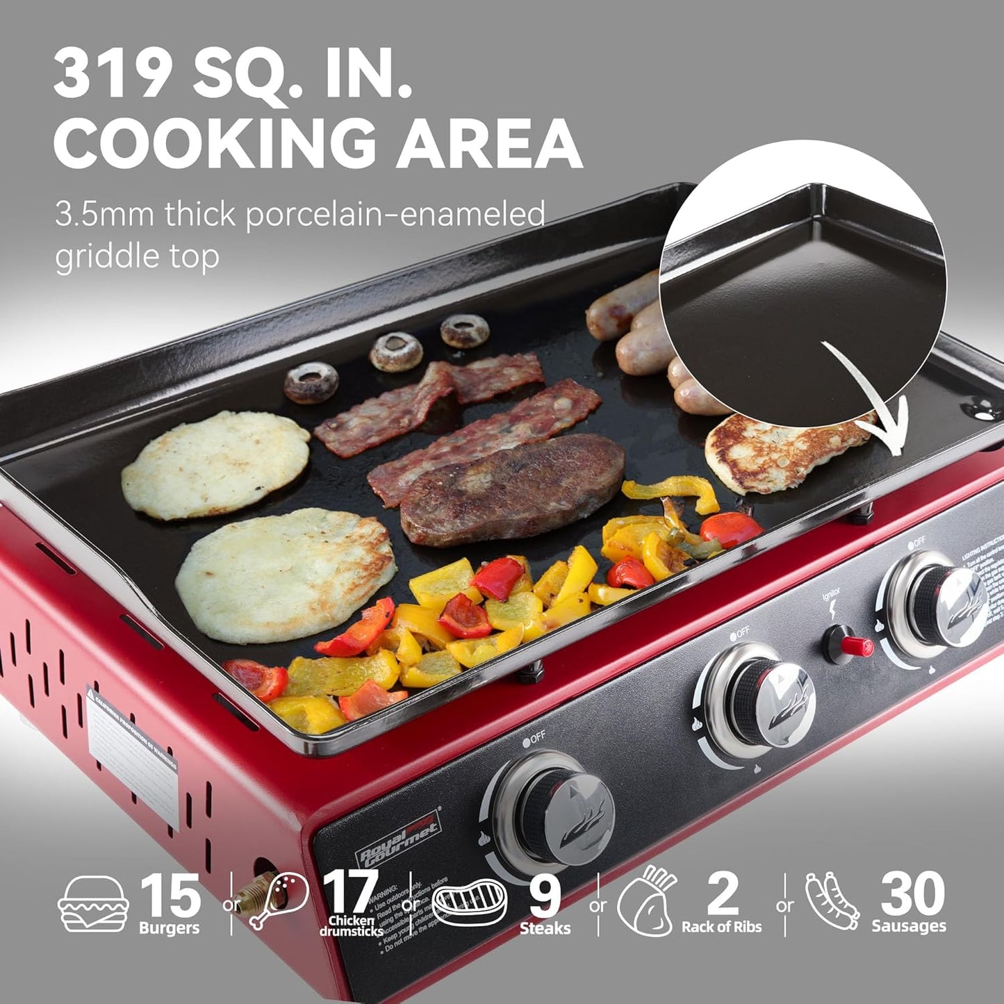 Royal Gourmet PD1301R 3 Burner Tabletop Propane Gas Griddle with Cover, 24 Inch Portable Griddle with 25,500 BTUs Output for Outdoor Cooking While Camping or Tailgating, Red