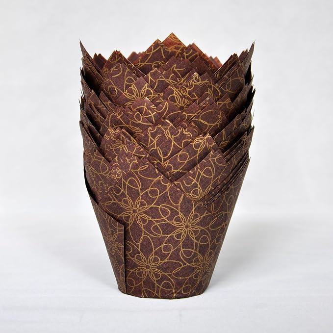 (JUMBO Large size) Brown Golden pattern Tulip Baking Cups 2-1/4"(Base diameter) x 3-3/4"(Wall height) Greaseproof paper Muffin liners, Case of 130 pcs - Image 5