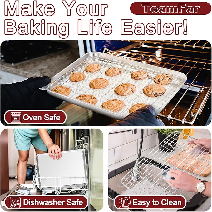 TeamFar Baking Sheet with Rack, Stainless Steel Sheet Pan-17.6/16/12.5 Inch | Cookie Sheets Baking Trays and Cooling Racks for Cooking, Non-Toxic & Heavy Duty, Dishwasher Safe, 6 PCS (3 Pans + 3 Racks) - Image 5