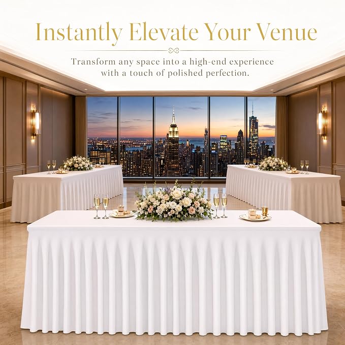 3 Pack White Spandex 6ft Rectangle Tablecloths with Skirts - Image 4