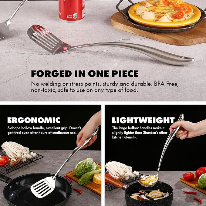 18/10 Stainless Steel Kitchen Utensils Set with Holder for Countertop | 15″ Spatula Spoon Set with Storage Organizer, 12-Pieces, Fork, Tongs, Spatula, Ladle, Skimmer, Turner, Spaghetti, Large Spoon - Image 4