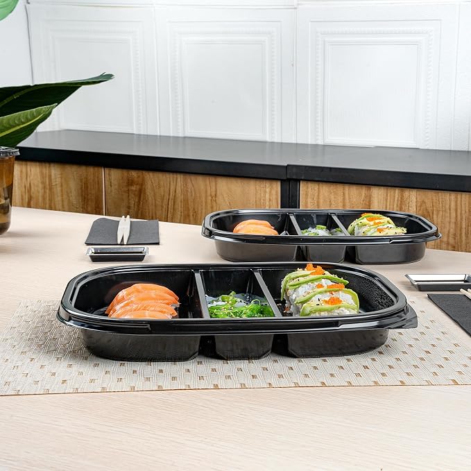Restaurantware-Bento Tek 50.7 Ounce Meal Prep Containers, 100 Disposable To Go Food Boxes - Lids Sold Separately, 5 Compartments, Black Plastic Bento Lunch Boxes, Freezable, For Take Out - Image 6