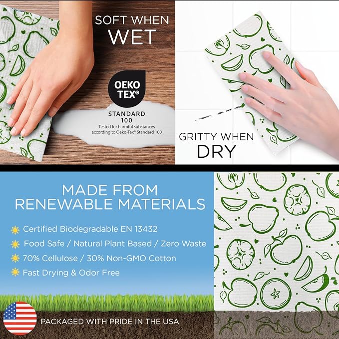 LOLA Swedish Dishcloths XL on a Roll, 30 Sheets, Fruit Pattern, Perforated Tear-Off 11" x 10" Sheets w/Hook, Reusable Absorbent Unpaper Towels Cellulose Sponge Cloth Biodegradable Made in Germany - Image 8