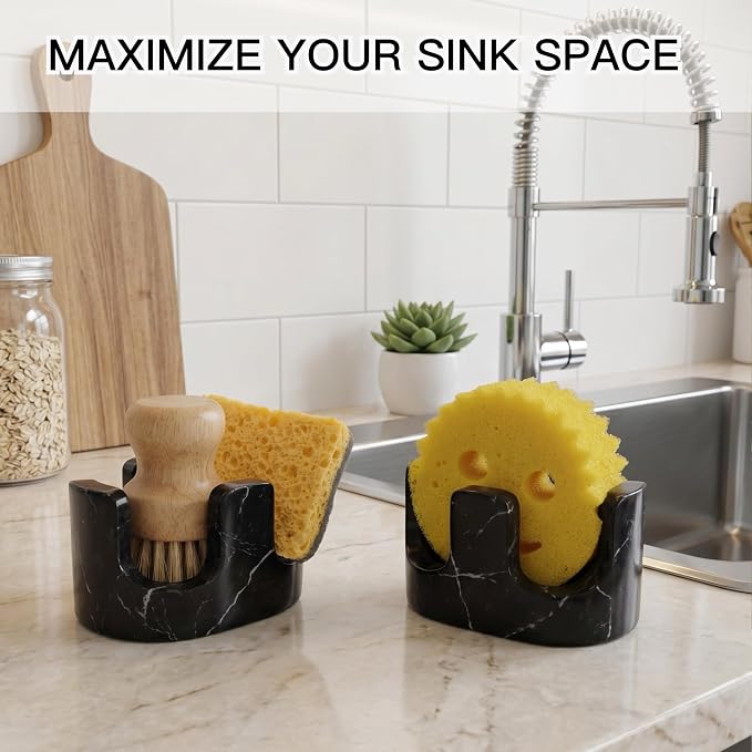 Black Marble Sponge Holder for Kitchen Sink, 2-in-1 Natural Stone Sponge & Brush Holder with Raised Edge, Keeps Countertops Dry, Heavy & Stable, Non-Slip Base, Modern Luxury Kitchen Decor - Image 6