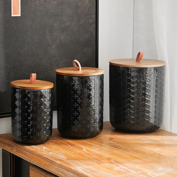JOJUNO Black Embossed Ceramic Canister 3 Piece with Airtight Bamboo Lid - Image 6