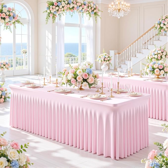 2 Pack Pink Table Cloth for 8 Foot Rectangle Tables Spandex Fitted Tablecloth 8ft Stretch Table Covers Skirt Pink Banquet Tablecloths Wrinkle Free Tablecloth for Party Wedding Birthday Event - Image 3