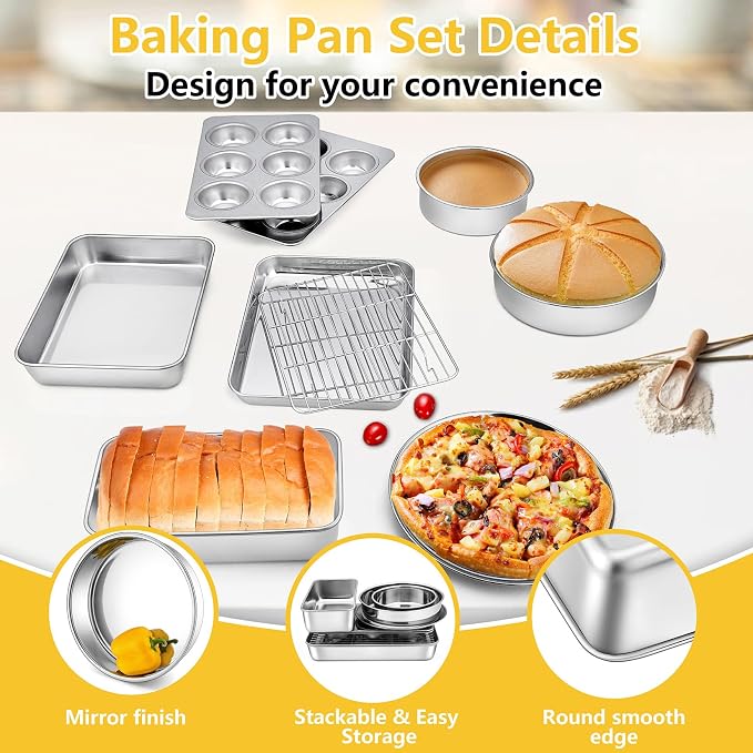 P&P CHEF 9 PCS Baking Pans Sheets, Stainless Steel Bakeware Set for Cooking | Including Toaster Oven Pan/Cooling Rack/Lasagna Pan/Round Cake Pans/Muffin/Loaf/Pizza Pan, Healthy & Dishwasher Safe - Image 3