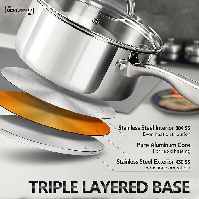 MICHELANGELO 3 Quart Saucepan with Lid, 18/10 Stainless Steel Sauce Pan with Tri-Ply Bottom, 3QT Sauce Pot, Induction Compatible - Image 3