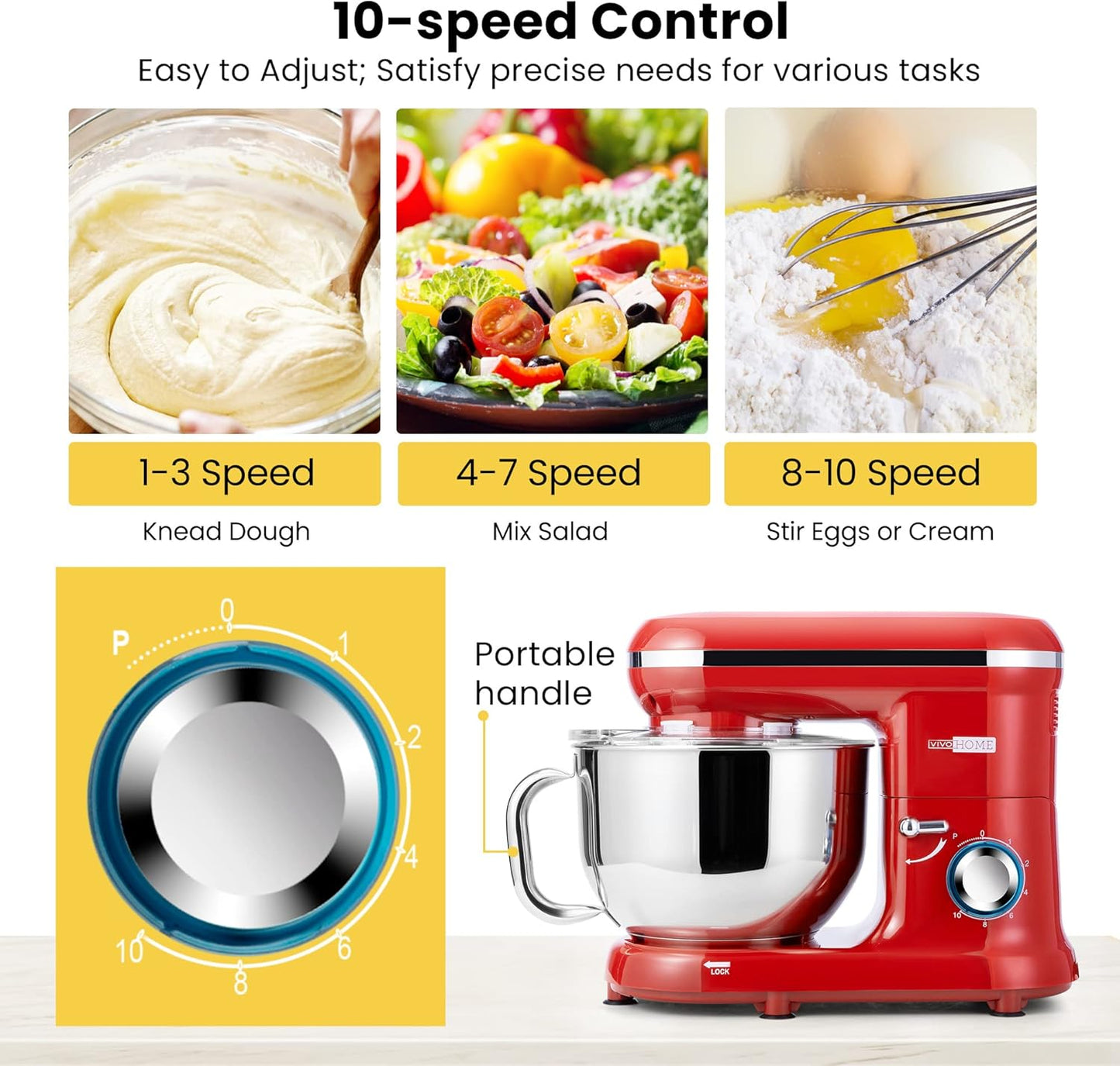 VIVOHOME Stand Mixer, 660W 10 Speed 6 Quart Tilt-Head Kitchen Electric Food Mixer with Beater, Dough Hook, Wire Whip and Egg Separator, Red