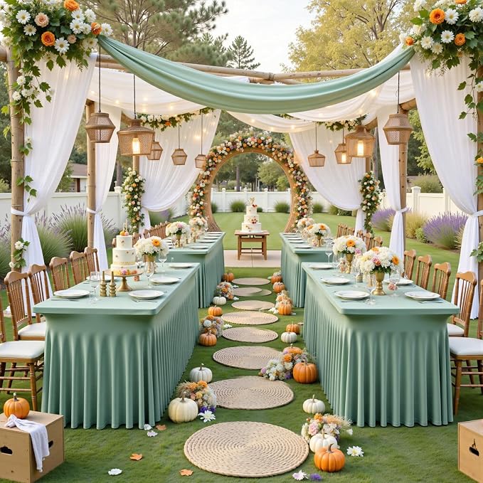 NSSONBEN 2 pk Sage Green Spandex Tablecloth for 8 Foot Rectangle Tables,Wrinkle Free Fitted Spandex Table Covers 8ft Stretch Table Cloths with Ruffle Skirt for Parties Weddings Banquet Baby Shower - Image 4