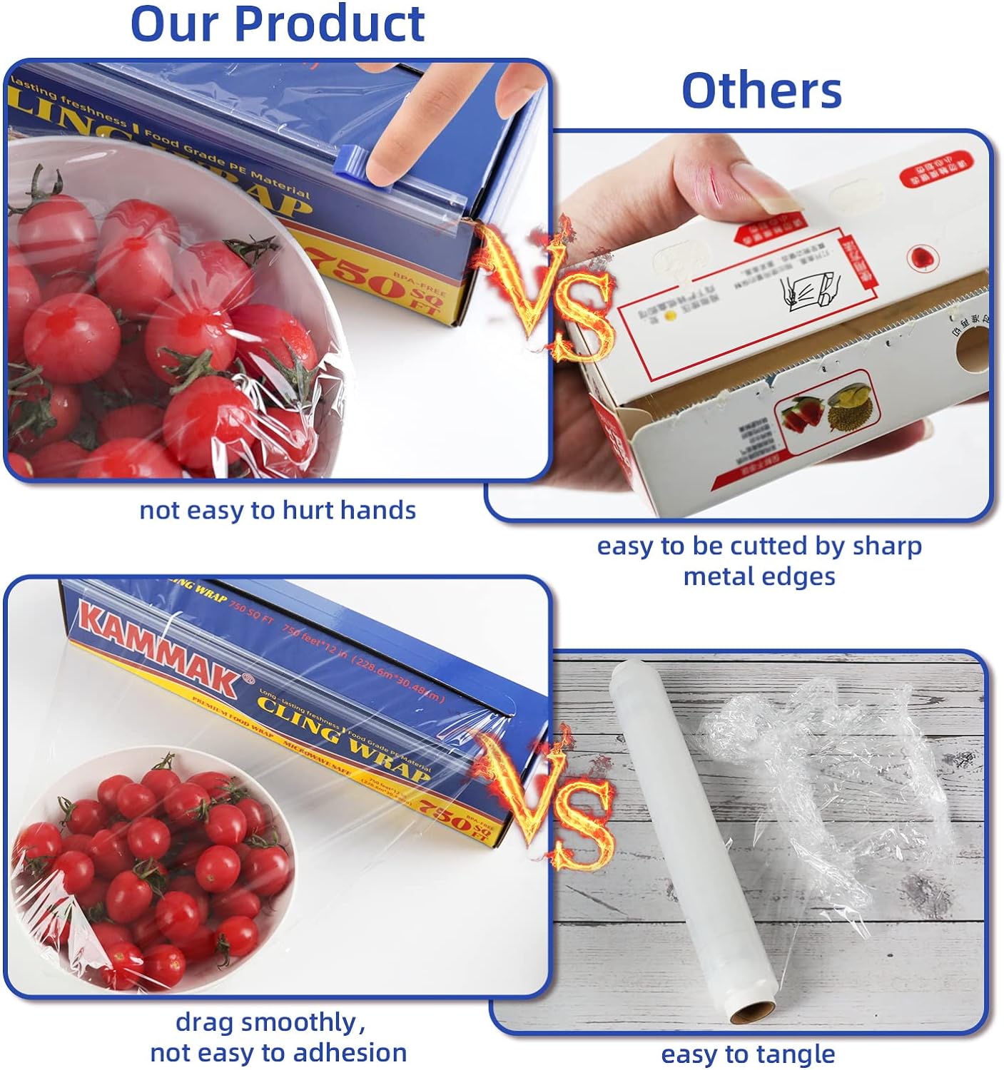 KAMMAK Plastic Food Wrap with Slide Cutter Kitchen Cling Wrap 12 inch Professional BPA Free Polyethylene Materials Quick Cut 750 Ft Food Service Cling Film Wrap for Restaurant