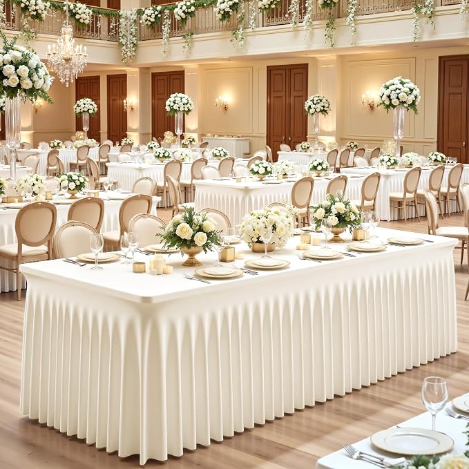 2 Pack 8ft Ivory Spandex Table Cloths for Rectangle Tables Wrinkle Free Ivory Rectangle Tablecloths, Stretch Fitted Table Cover with Skirt for Wedding Birthday Party Banquet Baby Shower Buffet Event - Image 4