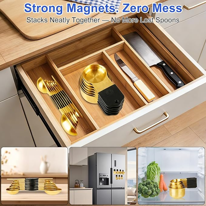 Magnetic Measuring Cups and Spoons Set, Strong N52 Magnets, Heavy Duty 304 Stainless Steel Fits in Spice Jars for Baking & Cooking, BPA Free, Round Set of 15 with Leveler,Gold - Image 6