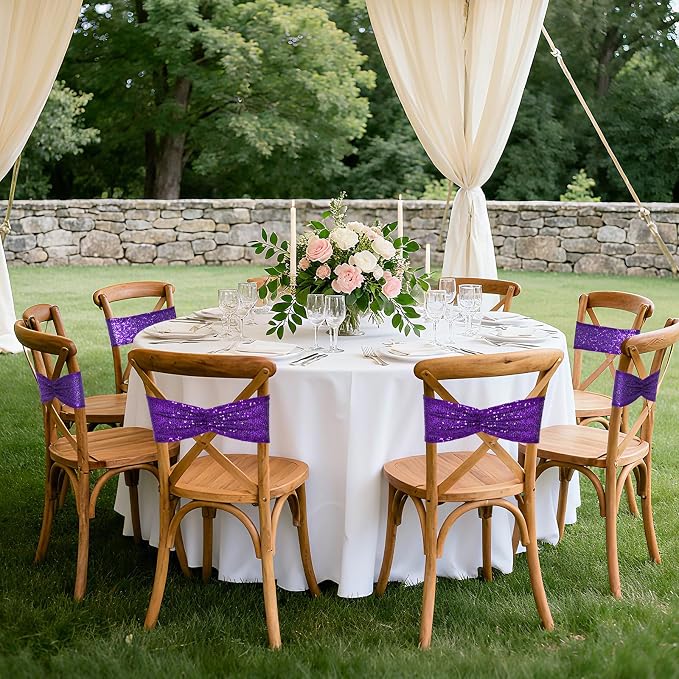 SquarePie Sequin Chair Sashes Bows 10 Pack Purple Shiny Chair Cover Bands for Wedding Banquet Party Decor - Image 6