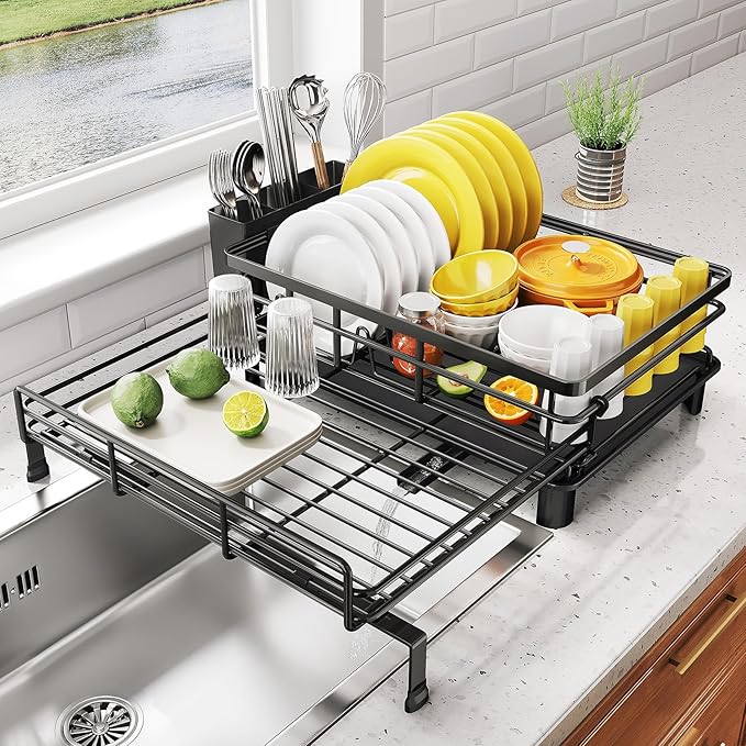 Expandable Dish Drying Rack for Kitchen Counter, Stainless Steel, Black by SNTD