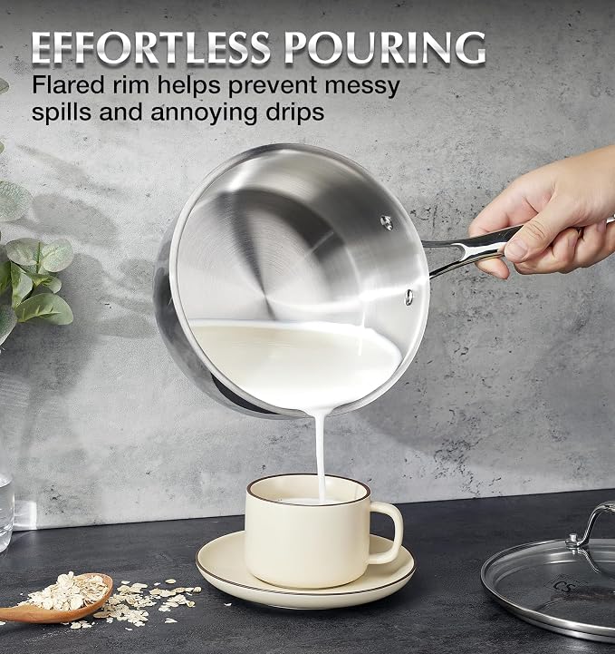 KOCH SYSTEME CS 4 Quart Stainless Steel Saucepan with Lid, Tri-Ply Stainless Steel Pot 4QT, Large Cooking Pot, Sauce Pan with Stay Cool Handle, Induction Compatible Pot, Oven Safe 600°F - Image 2