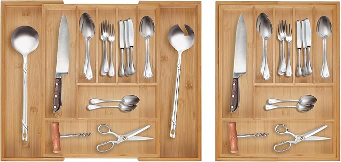Relaxdays Cutlery Boxes, Expandable Bamboo Cutlery Tray, 7-9 Compartments, HxWxD: 5x29.5-47.5x38 cm, Natural - Image 3