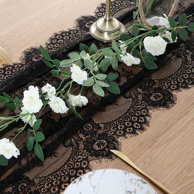 Black Lace Table Runner Fabric 6Pcs 30 x 120 Inch Rustic Vintage Kitchen - Image 5