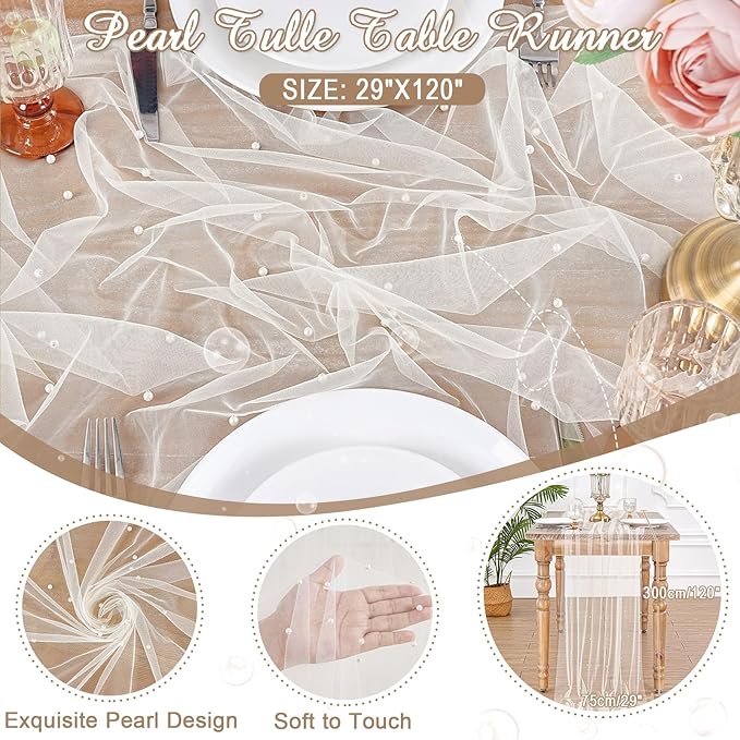 Pearl Tulle Table Runner Fabric Beige 10ft Wedding Veil Seasonal Dessert - Image 6
