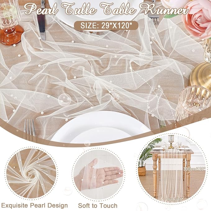 Pearl Gauze Table Runner Fabric Beige 10ft Wedding Veil Seasonal Decoration - Image 6