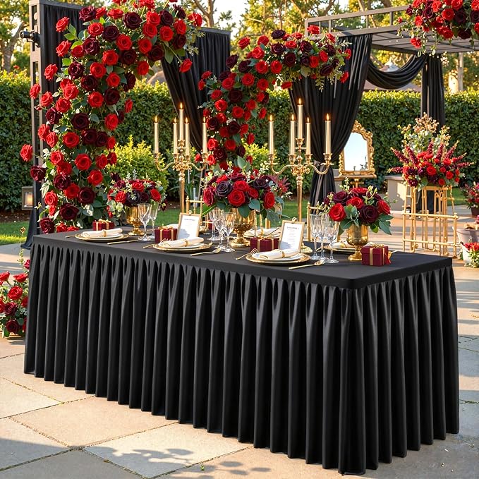 Black Polyester Table Cloths for Rectangle 4 Foot Tables, 1 Pack Wrinkle Free Tablecloths Stretchy Banquet Ruffle Fitted Table Cover Desk Skirt for Parties Wedding Birthday Baby Shower - Image 2