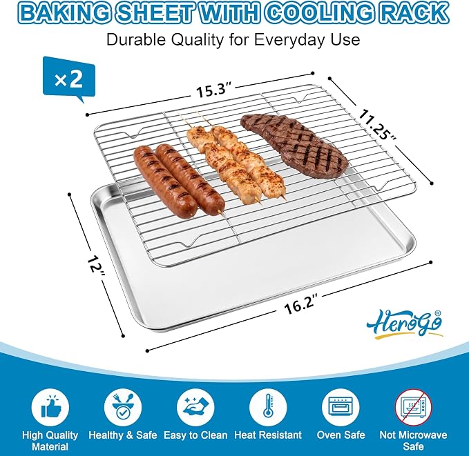 Herogo Baking Sheet with Wire Rack Set(2 Pans + 2 Racks), 16" x 12" x 1" Stainless Steel Jelly Roll Pan with Cooling Rack Set for Baking & Roasting, Non Toxic & Easy Clean - Image 2