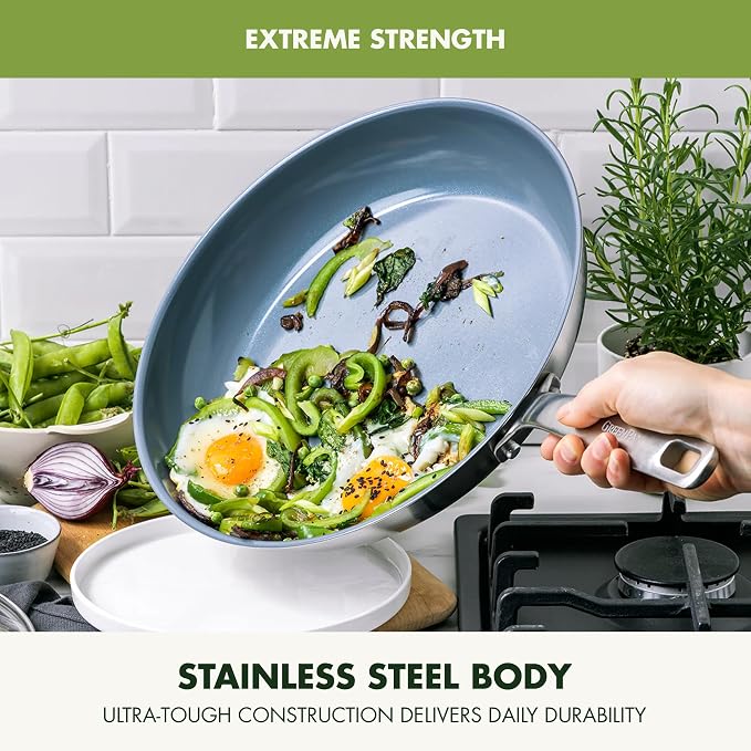 GreenPan Treviso Stainless Steel Healthy Ceramic Nonstick, 12" Frying Pan Skillet with Lid, PFAS-Free,Clad, Induction, Dishwasher Safe, Silver - Image 6