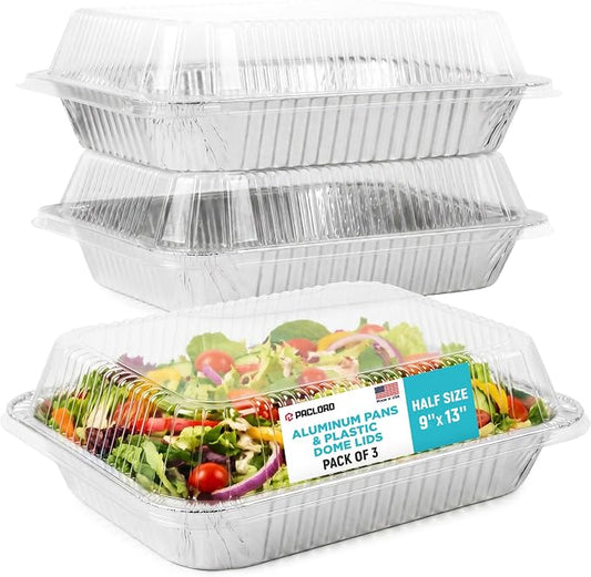 3 Half Size 9" x 13" Aluminum Foil Pans with Plastic Dome Lids - Disposable Steam Table Trays, USA-Made Catering Supplies for Food Storage, Baking, Parties & Events by Paclord