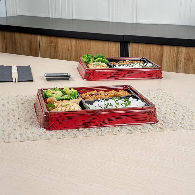Restaurantware-Bento Tek 18.6 Ounce Meal Prep Containers, 100 Disposable To Go Food Boxes - Lids Sold Separately, 4 Compartments, Red And Black Plastic Bento Lunch Boxes, Freezable, For Take Out - Image 5