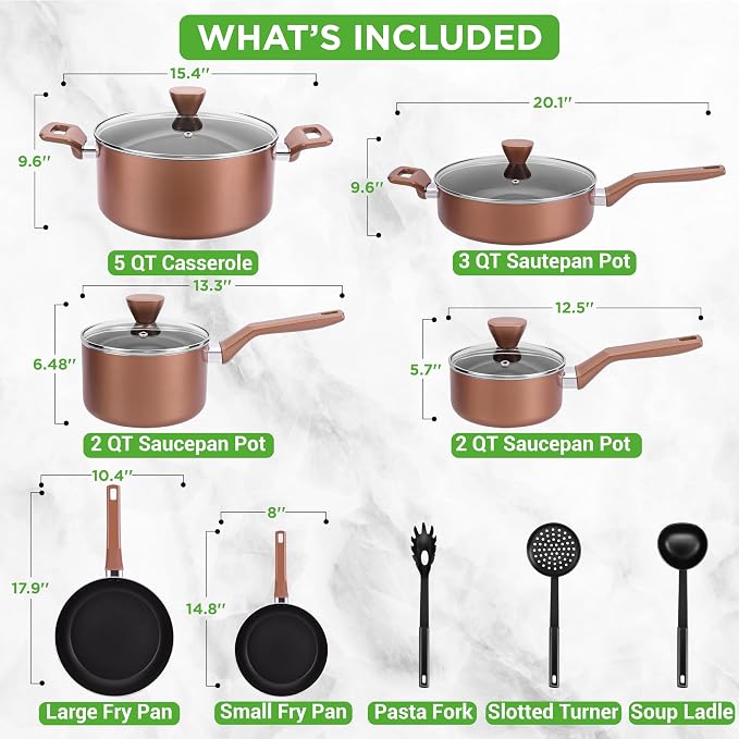 NutriChef 13 Pcs. Nonstick Kitchen Cookware PFOA/PFOS-Free Heat Resistant Kitchenware Set w/Saucepan, Frying Pans, Cooking Pots, Casserole, Lids, & Utensils, Brown, NCCWA13BR - Image 3