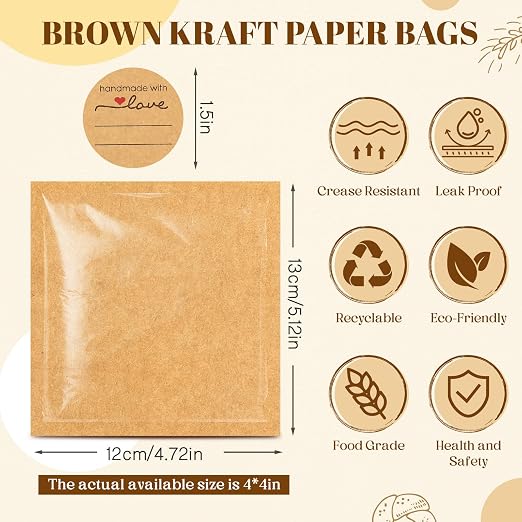 Outus 100 Pcs Cookie Packaging Bags with Seal, 4 x 4 Inch, Brown | Bakery Pastry Bags with Window, Heat Sealable Grease Resistant Paper to Go Bake Sleeves for Gift Giving Donut Bread Sandwich - Image 2