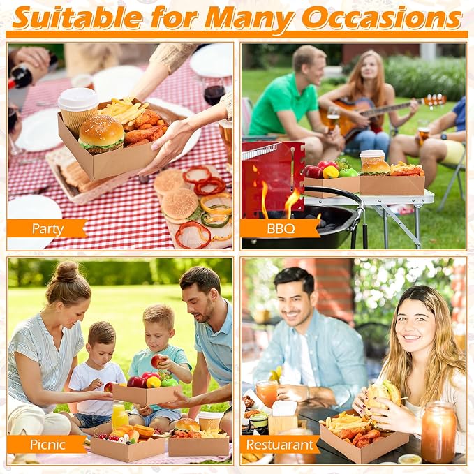 Chinco Brown 100 Pcs 7.9 x 7.9 x 2.4 Inch 4 Corner Pop Food Tray Kraft Paperboard Disposable Foldable Cardboard Food and Drink Stadium Containers Movie Night Snack Trays Fries Holder Carrier - Image 5
