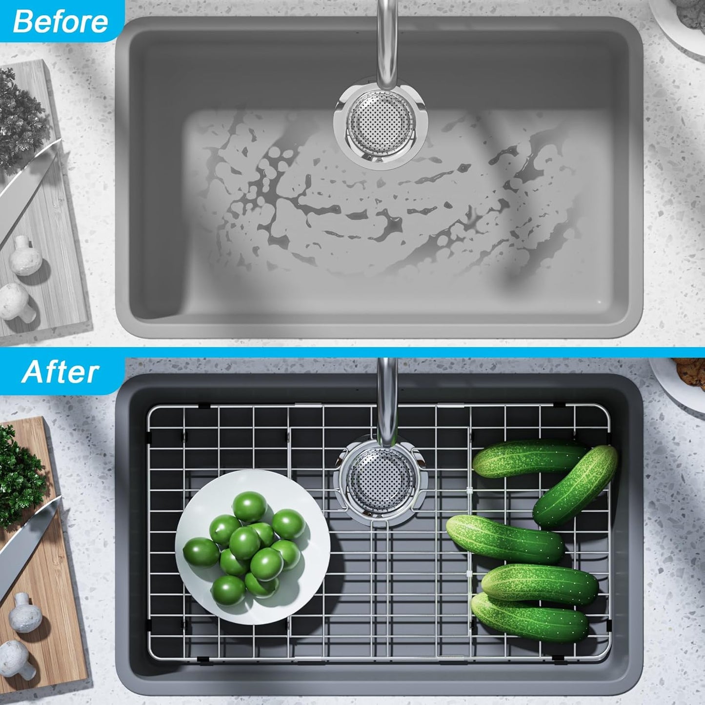 iPEGTOP Sink Bottom Grid, 3-Piece Stainless Steel Sink Protector 23" x 13" Rear Drain Hole with Corner Radius, Sink Grate Rack for Bottom of Kitchen Sink Single Bowl with Hole Cover