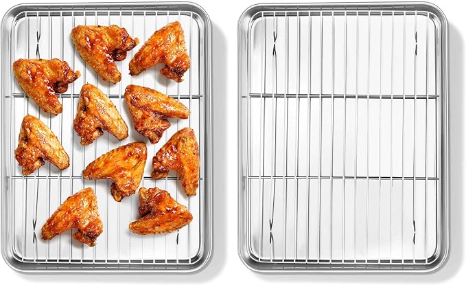 Homikit Quarter Sheet Pan with Rack Set for Toaster Oven (2 Sheets+2 Racks) | 12x10 Inch Stainless Steel Baking Sheets & Wire Cooling Grids, Small Cookie Pans Non Toxic, Metal Bacon Tray, Dishwasher Safe by Homikit