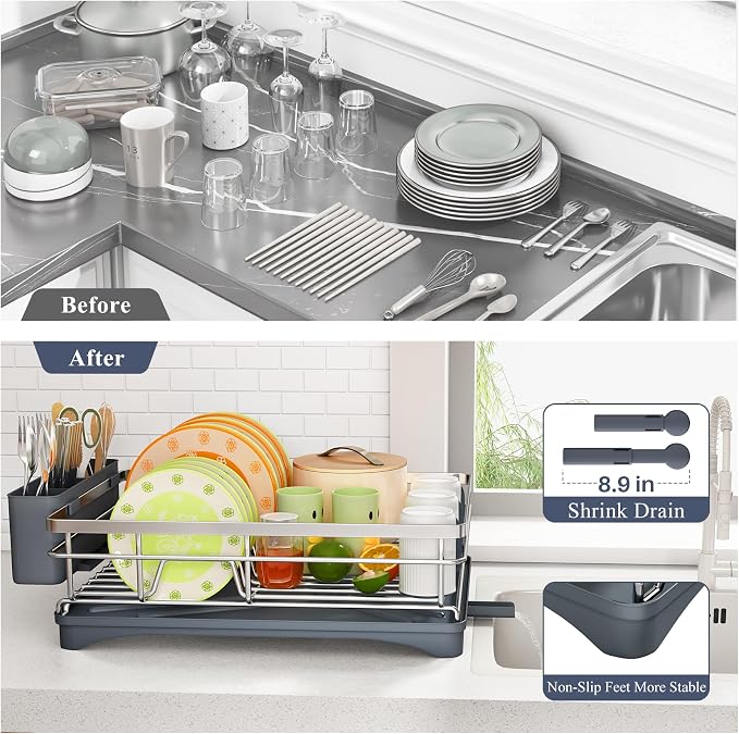SAYZH Dish Drying Rack for Kitchen Counter with Utensil Holder, Silver - Image 6