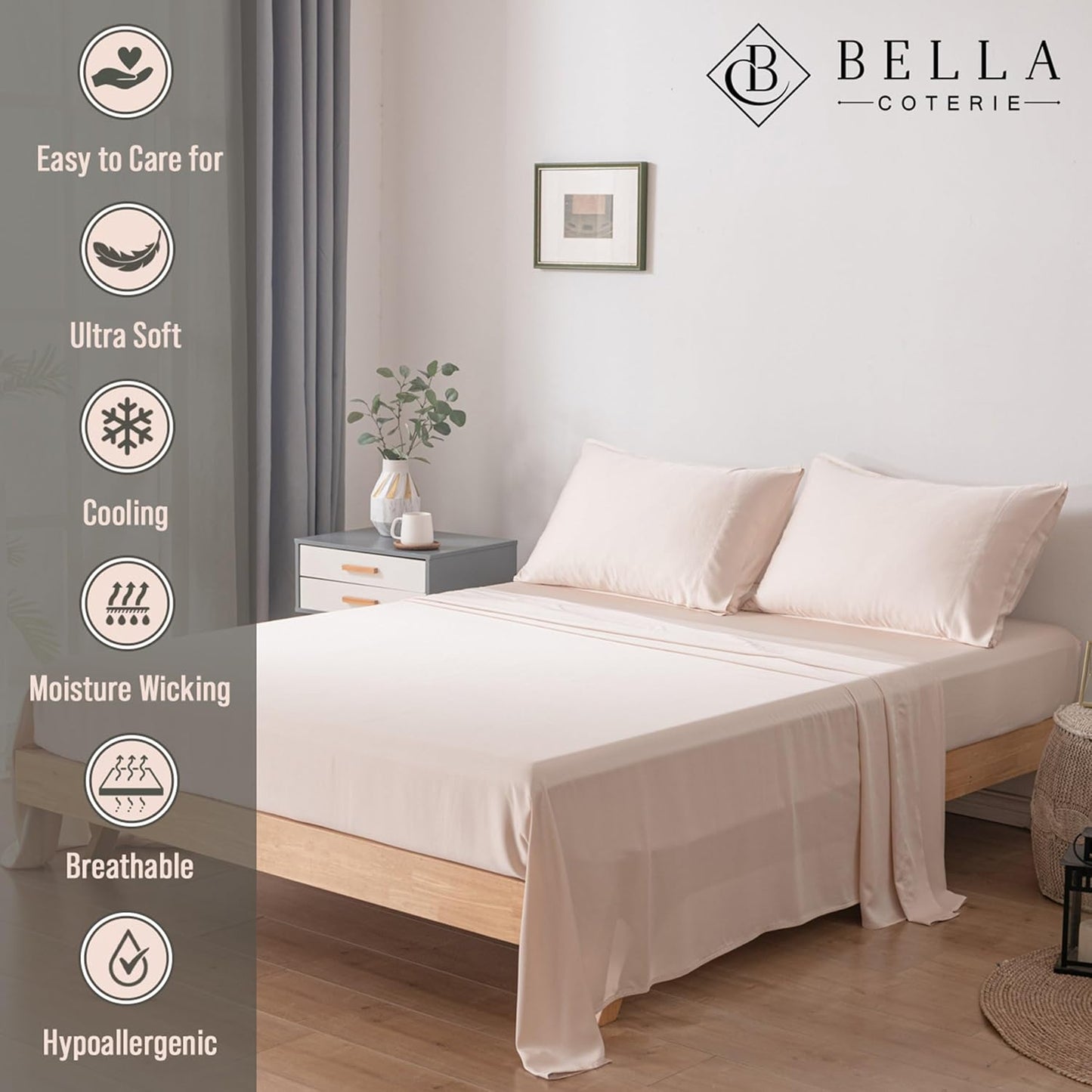 Bella Coterie Luxury Bamboo Viscose Twin Size Sheet Set | 100% Organically Grown | Ultra Soft | Cooling for Hot Sleepers | 18" Deep Pocket [Champagne]