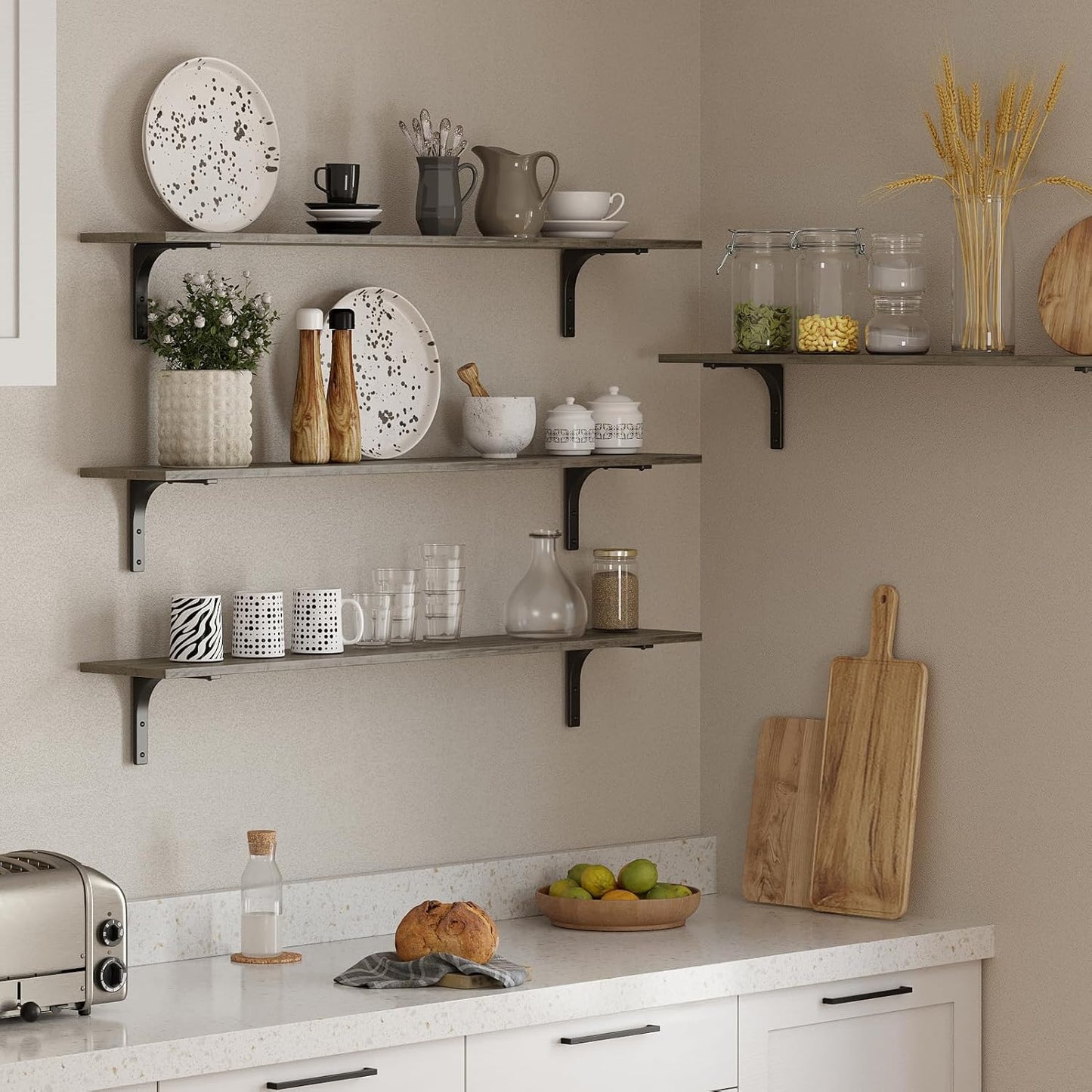 DINZI LVJ Long Wall Shelves, 55.1Inch Wall Mounted Shelves Set of 2, Extra Large Floating Storage Ledges with Sturdy Metal Brackets for Living Room, Bathroom, Bedroom, Kitchen, Gray Wash